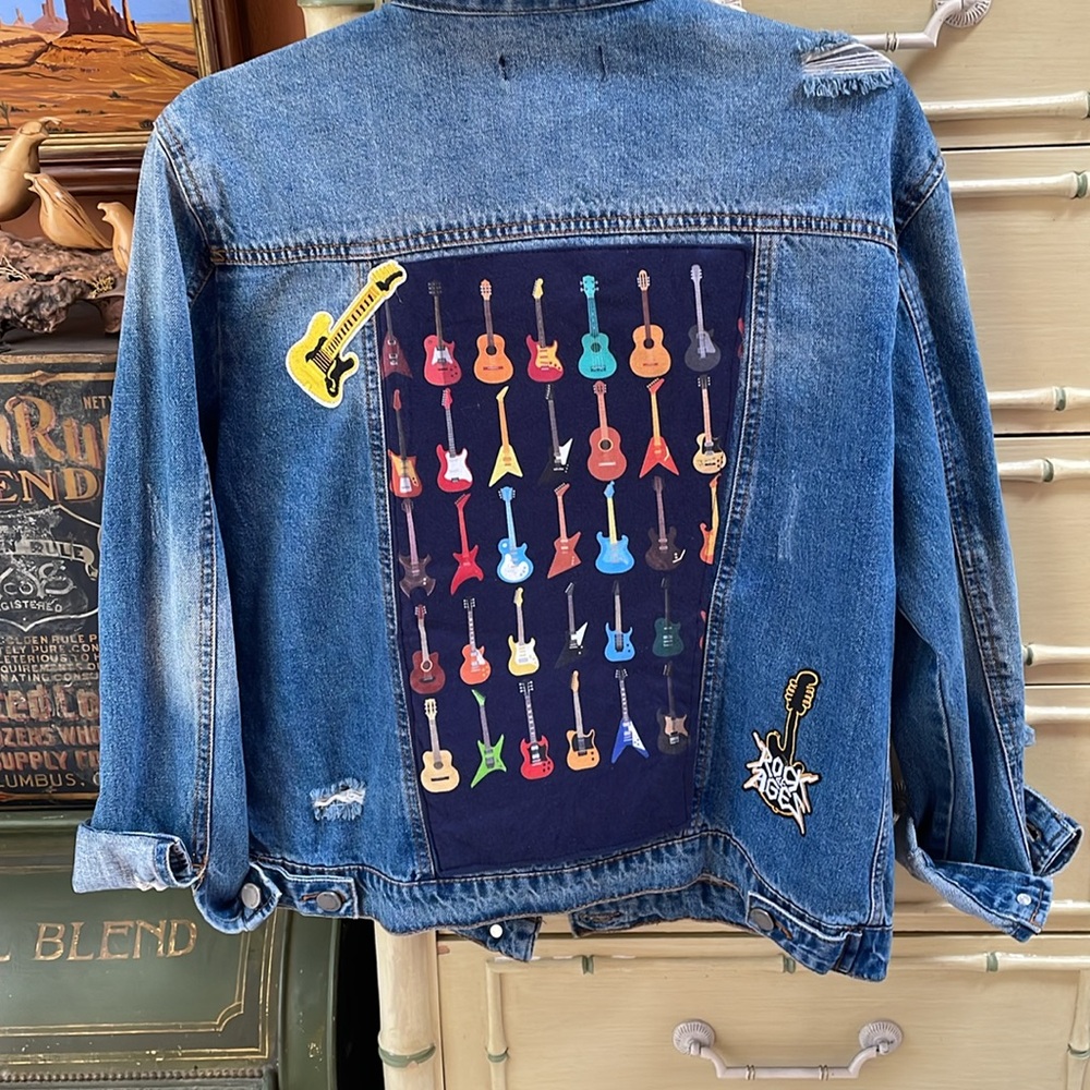 Upcycled Jean Jacket with Guitar theme! Size Small